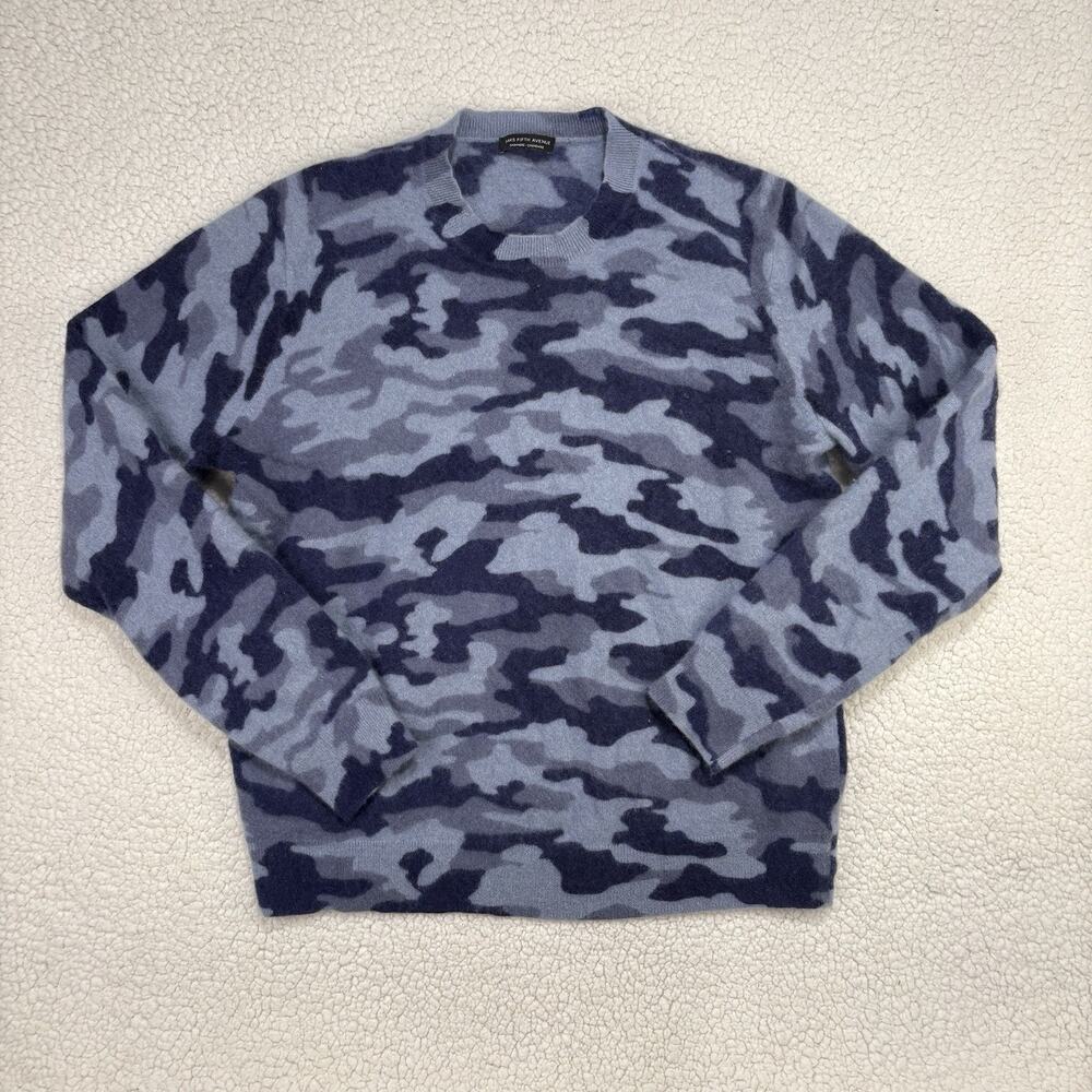 Saks Fifth Avenue Womens 100% Cashmere Sweater Blue Camo Print Pullover Crewneck